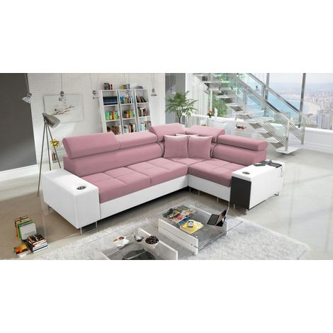 Elegantes Ecksofa mit Konsole und Ladegerät MORENA II Kunstleder/Uttario Velvet Weiß/Rosa Rechts (1/5)