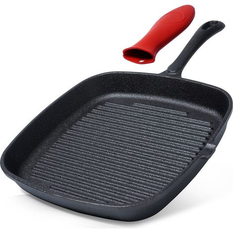 Sarten grill cuadrada de hierro fundido con base grill y funda de silicona