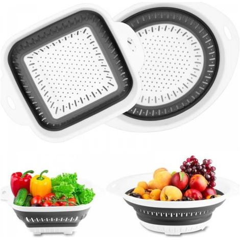 2 Pcs Passoire Pliable Silicone, Passoire de Cuisine, Passoire Cuisine Pliable, Filtres Colander Panier de Lavage de Silicone Pliable avec Poignées pour égoutter Légumes Fruits Pâtes (Ovale + Carré) (1/5)