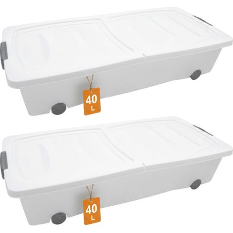 Unterbettkommode mit Klappverschluss 2er Set - 40 Liter - Aufbewahrungs-Rollbox mit zweigeteiltem Deckel in weiß