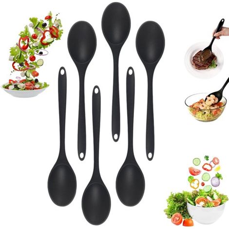 6 cucharas de silicona para cocinar, Cuchara de mango largo, Cuchara anti, Cuchara negra antiadherente para remover, Mango de 27 cm de largo (1/5)