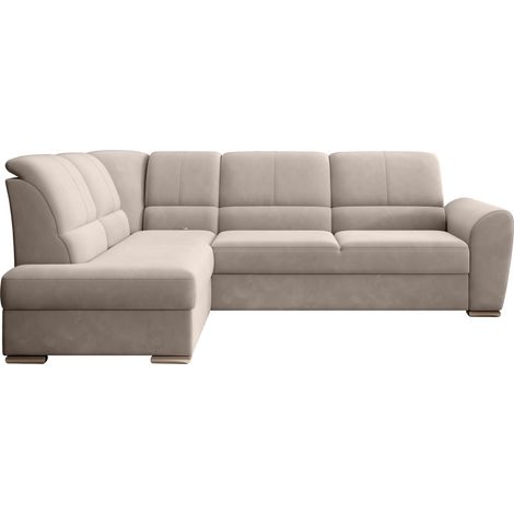 Canapé angle gauche convertible velours beige et pieds acier chromé Zabor 270cm (1/5)