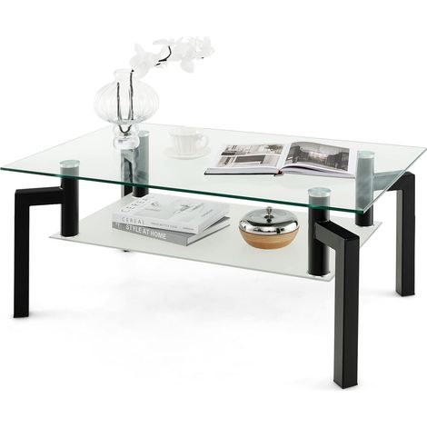 GOPLUS Table Basse en Verre Trempé à 2 Niveaux Etagère Ouverte,Table d’Appoint Style Minimaliste Simple,Charge 90KG+30KG,100x60x43CM (1/5)