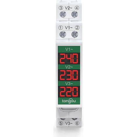 CYRILL - Mini voltmetro modulare per montaggio su guida DIN trifase con display digitale a LED - Rilevatore di tensione CA 60-450 V (1/5)