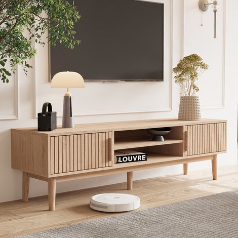 Meuble TV 150x40x48 cm, Meuble TV Bois avec 2 Armoires et Étagères, Meuble TV avec Étagère Ouverte, pour Salon, Chambre et Bureau (1/5)