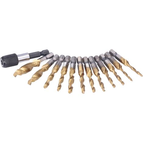 Lot de 13 forets-tarauds combinés acier rapide plaqués titane queue hexagonale 1/4 pouce métrique impérial avec rallonge (1/5)