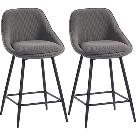 Lot de 2 tabourets de bar velours côtelé gris, chaises rembourrées pieds acier pour cuisine salle à manger