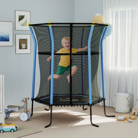 Cama elástica infantil, Ø163,5 cm, con red de seguridad, acolchada, de acero, capacidad de carga de hasta 50 kg, color negro y azul.