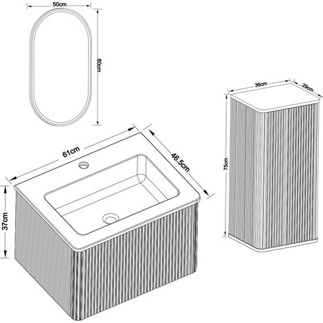 Ensemble meuble de salle de bain avec vasque, colonne latérale et miroir LED, meuble bas suspendu 60 cm, miroir ovale cadre noir, coloris blanc (1/5)