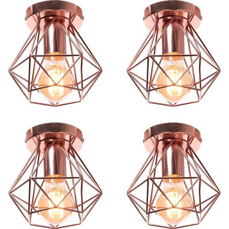 Lot de 4 Diamant Plafonnier Industrielle Cage Diamant E27 Lustre Suspension Luminaire de Plafond en Métal Doré Rose (1/5)