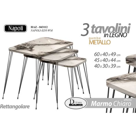 Set 3 tavolini in metallo effetto marmo chiaro