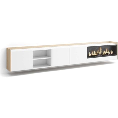 Mueble TV Benamargosa-02 de 315x50x35 cm con chimenea eléctrica XXL, suspendido, color blanco y roble soft (1/4)