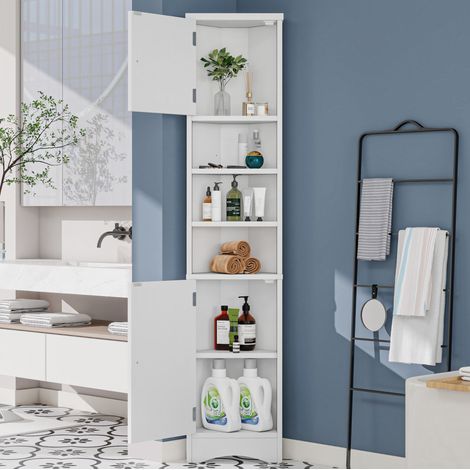 Mobile bagno angolare in MDF bianco 37x24,5x170 cm con 2 ante, 3 ripiani aperti e ripiani regolabili (1/5)