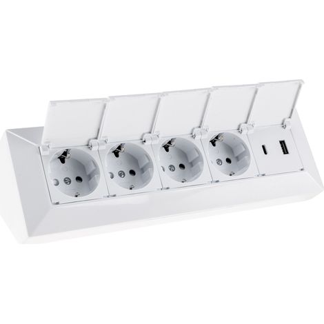Bloc multiprise CHILITEC 23960, 4 prises, avec clapets de protection, USB-A+C, blanc