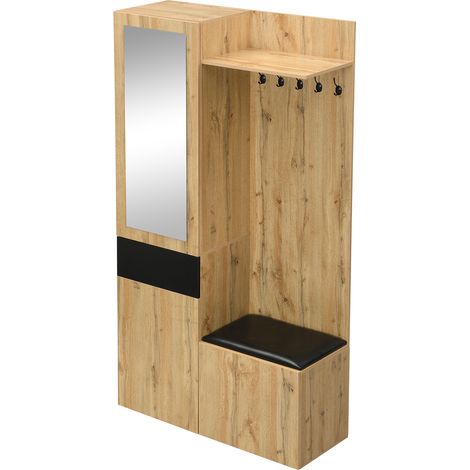 ELVMI Mobile da Ingresso con 5 Ganci, Specchio, 2 Ante e Ripiani Regolabili per Ingresso in MDF 98,5×38×191 cm Nero e Naturale (1/5)