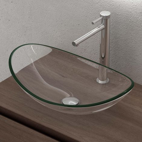 Doporro – Vasque à poser ovale en verre transparent 53,5x35,5x16 cm – Sans trop-plein ni perçage – Pour salle de bains et WC - Minerva08 (1/5)