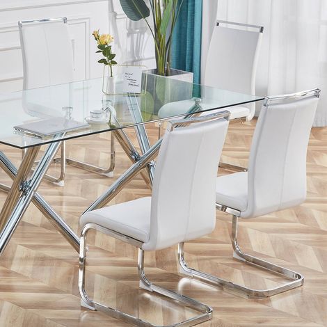 Lot de 4 Chaises cantilever en similicuir - structure en métal chromé - Blanc (1/5)