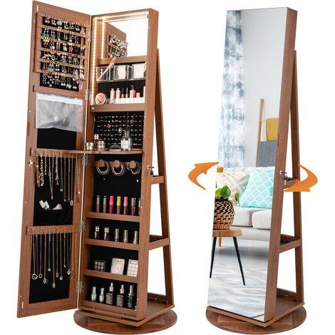 Armoire à bijoux avec LED, armoire à miroir, rotative à 360°, avec miroir intégral sans cadre, organisateur de bijoux verrouillable, rangement de bijoux (marron) (1/5)