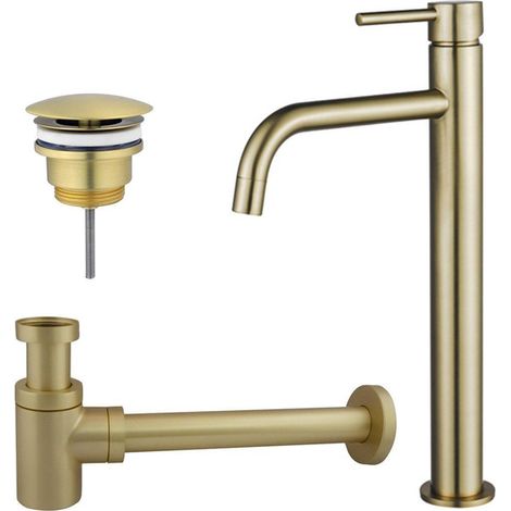 Fortifura Calvi Slim Kit mitigeur lavabo - robinet rehaussé - bonde non-obturable - siphon design bas - PVD Laiton brossé