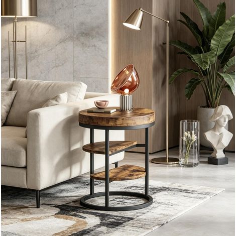 Mesa de centro redonda de 3 niveles con estantes abiertos, estructura de metal y madera oscura, diámetro aproximado de 50 cm para salón y dormitorio – CHICFURN (1/5)