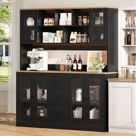 Meuble de cuisine haut avec éclairage LED RGB, prises intégrées, 3 tiroirs et rangements ouverts, MDF noir et bois clair, 150 x 40 x 173 cm pour cuisine et salon – CHICFURN (1/5)