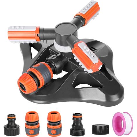 Arroseur de Jardin,Système d'Irrigation d’arrosage,3 Têtes 360 Degrées Arrosage Irrigation pour Gazon Pelouse Jardin, Facile de Raccordements de Tuyaux (Orange) (1/5)
