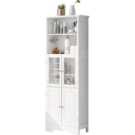 57.4 x 28.5 x 160cm Badezimmer-Hochschrank mit Stauraum, Volllackierung, Glasschranktür, Holzschranktür, zwei offene Ablagefächer, verstellbare Trennwände, einfache Textur, weiß (1/5)