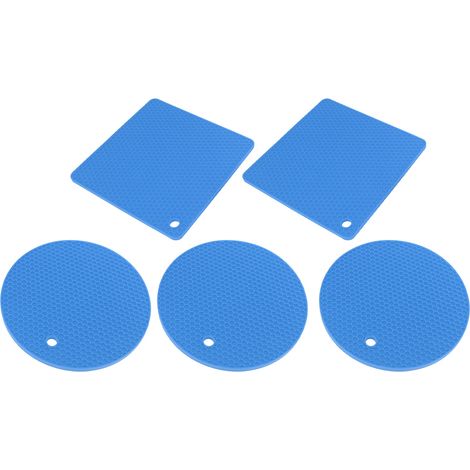 5 Silikon-Topfuntersetzer, quadratisch, rund, Wabenstruktur, rutschfest, hitzebeständig, für Herdplatten und Küchentöpfe, blau (1/5)