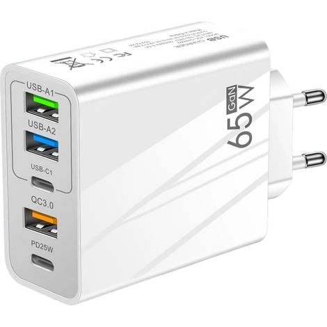Chargeur Rapide 65W Prise Multiple - 2 USB-C + 2 USB + 1 QC 3.0 - 5 Ports - Samsung Galaxy Tab A9+ 11" - Blanc (1/2)
