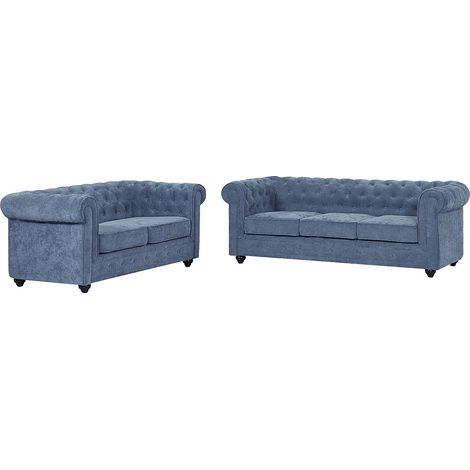 Divani 3 posti e 2 posti in tessuto blu CHESTERFIELD