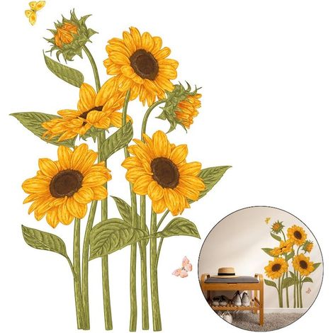 Vinilo decorativo de pared con girasoles y mariposas, adhesivo floral para salón, dormitorio o pasillo, 80 x 120 cm. (1/5)
