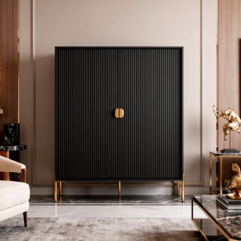 Credenza Mobile Contenitore 2 Ante Cannettate E Piedini Oro Madia Moderna con Ripiani Interni E Chiusura Soft Close Per Soggiorno Salotto E Ingresso 103.6 x 124 x 39.6 Cm Nero - Colore: Nero (1/5)
