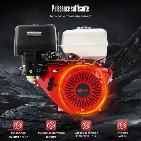 Moteur à essence 4 temps 15 CV 420 cc - Moteur sur pied - Moteur de kart - Moteur industriel - Monocylindre refroidi par air 9,7 kW - 3600 tr/min - Pour karts, pompes à eau, pelleteuses et (1/5)