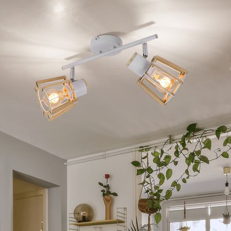 Deckenleuchte weiss Deckenstrahler Holz Spotlampen für Decke, 2 flammig Spots beweglich, Landhausstil Holzoptik Metall weiß natur, 2x E27 Fassungen, LxBxH 36x17x18cm
