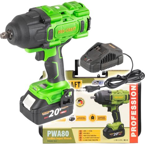 Procraft PWA80-1B-C Avvitatore a impatto a batteria 20 V 1600 Nm 1/2" Brushless + 1x batteria 4,0 Ah + caricabatteria + valigetta