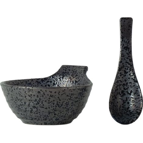 Bol à soupe en céramique avec cuillère - Noir - Capacité : 330 ml - 1 set