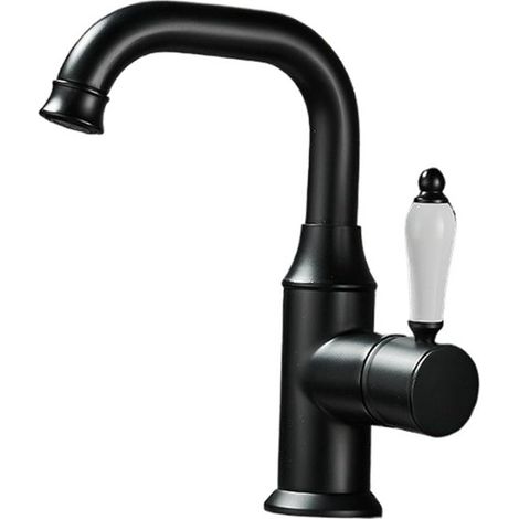 Robinet de cuisine Robinet mitigeur de lavabo en laiton monté sur le pont de salle de bains, robinet de lavabo en or brossé, mitigeur chaud-froid à poignée(Zwart) (1/5)
