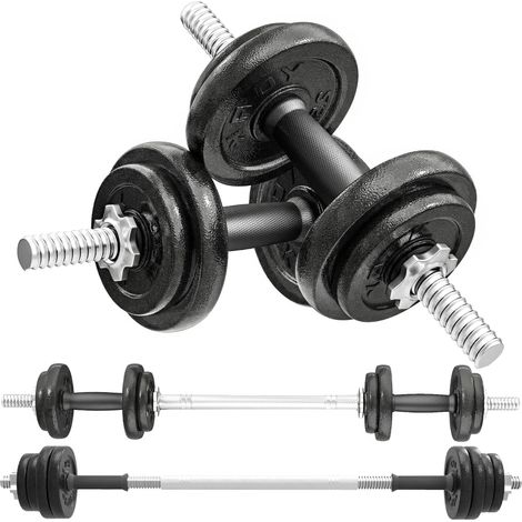 Ensemble d'haltères 2 en 1 : haltères et barres, réglables jusqu'à 20 kg, avec poignée antidérapante pour la musculation à domicile, gris (1/5)