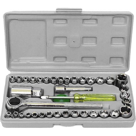 Kit d'outils de clé et de douille 40 pièces Ensemble d'entraînement de 40 pièces 1/4'' et 3/8'' Combinaison métrique SAE avec étui à cliquet réversible Entretien des véhicules de voiture (1/4)