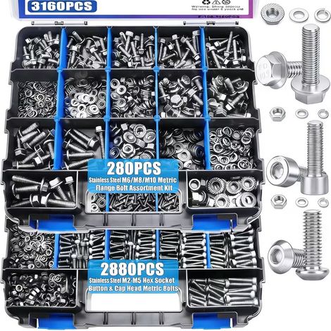 Coffret de visserie inox 3160 pièces – Assortiment de vis BTR/CHC métriques à six pans creux, têtes cylindriques et bombées, avec boulons à embase, écrous, rondelles plates et écrous frein, acier inox (1/4)