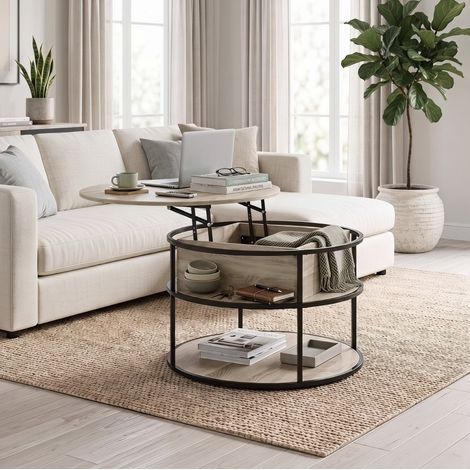 Table basse ronde relevable Ø80 cm, avec rangement et étagères latérales, structure métal, MDF chêne (1/5)
