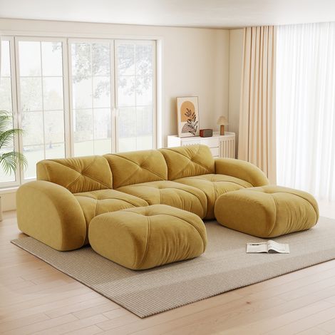 U-förmiges 3-Sitzer-Modulsofa, rahmenloses Modulsofa, inklusive 2 Hockern, geeignet für Wohnzimmer, bequemer Stoff, rutschfestes Design, keine Montage erforderlich, Gelb