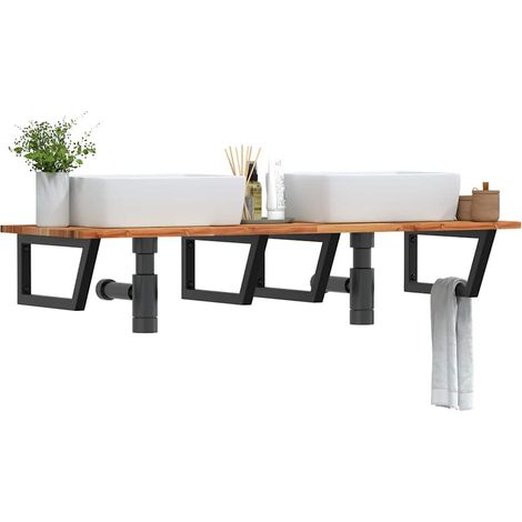 Plan vasque mural 160 x 50 cm en bois d’acacia et acier noir avec 4 supports - PANGIVO (1/5)