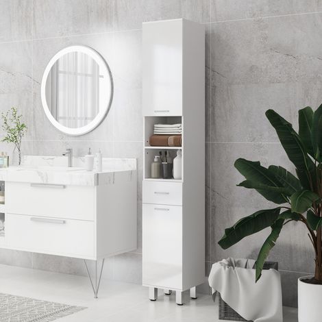 Armoire de salle bain, commode, avec étagères et tiroir, réglables, blanche