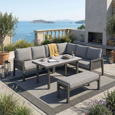 Salon de jardin d'angle, Ensemble repas de jardin 8 places avec canapé et banc, Structure en fer galvanisé et table plateau en verre, gris
