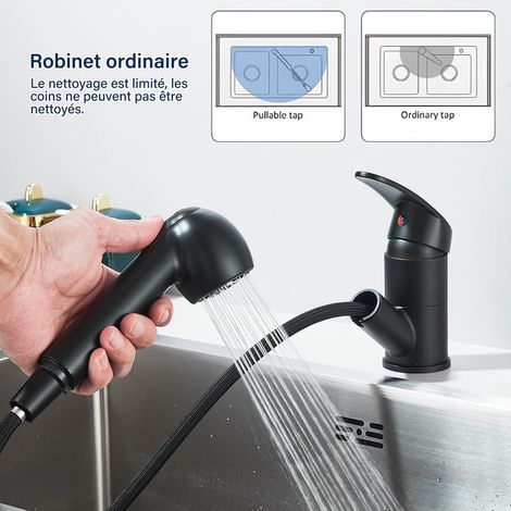 Robinet de Cuisine Extractible Noir Mitigeur Évier Rotatif à 360° avec Douchette 2 Jets