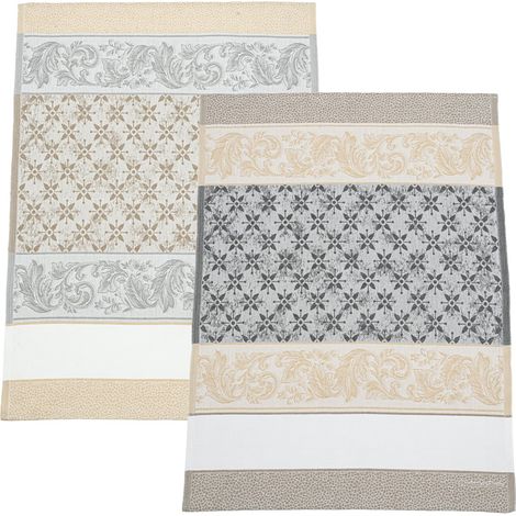 Lot de 2 torchons de Cuisine en Jacquard avec Insert en Toile Aida 5,5 PTS/cm à Broder, Parfaits pour sécher la Vaisselle, fabriqué en Italie, Motif Arabesque, Couleur Noire et Corde (1/3)