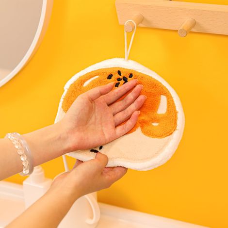 Adorable serviette de bain avec boucle de suspension, en microfibre polaire corail absorbante, idéale pour la cuisine, la salle de bain et la chambre, 15 x 25 cm, forme de jaune d'œuf. (1/5)