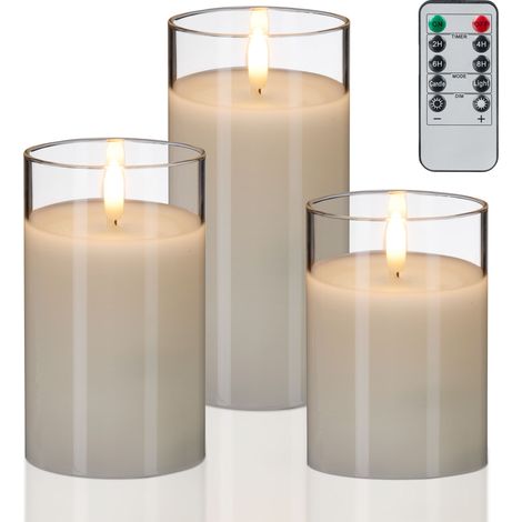 Relaxdays LED Candles in Glass, Set of 3, Remote Control, Timer, Flickering Flame, Real Wax, Pillar Style, White