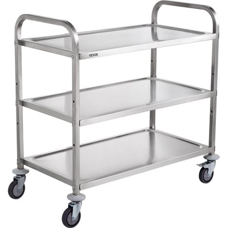 Desserte à Roulettes à 3 Niveaux Chariot de Rangement Multifonctionnel en Inox 94x49,5x93 cm Charge 100 kg Roues Verrouillables 6 Crochets pour Stockage Buanderie Cuisine Restaurant Bureau (1/5)